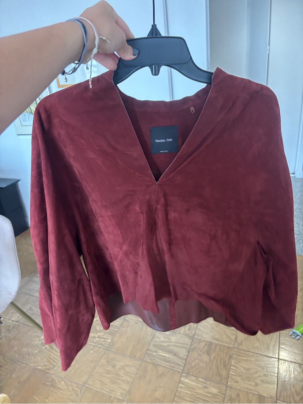 Massimo Dutti Women's Wine Red V-Neck Suede Blouse